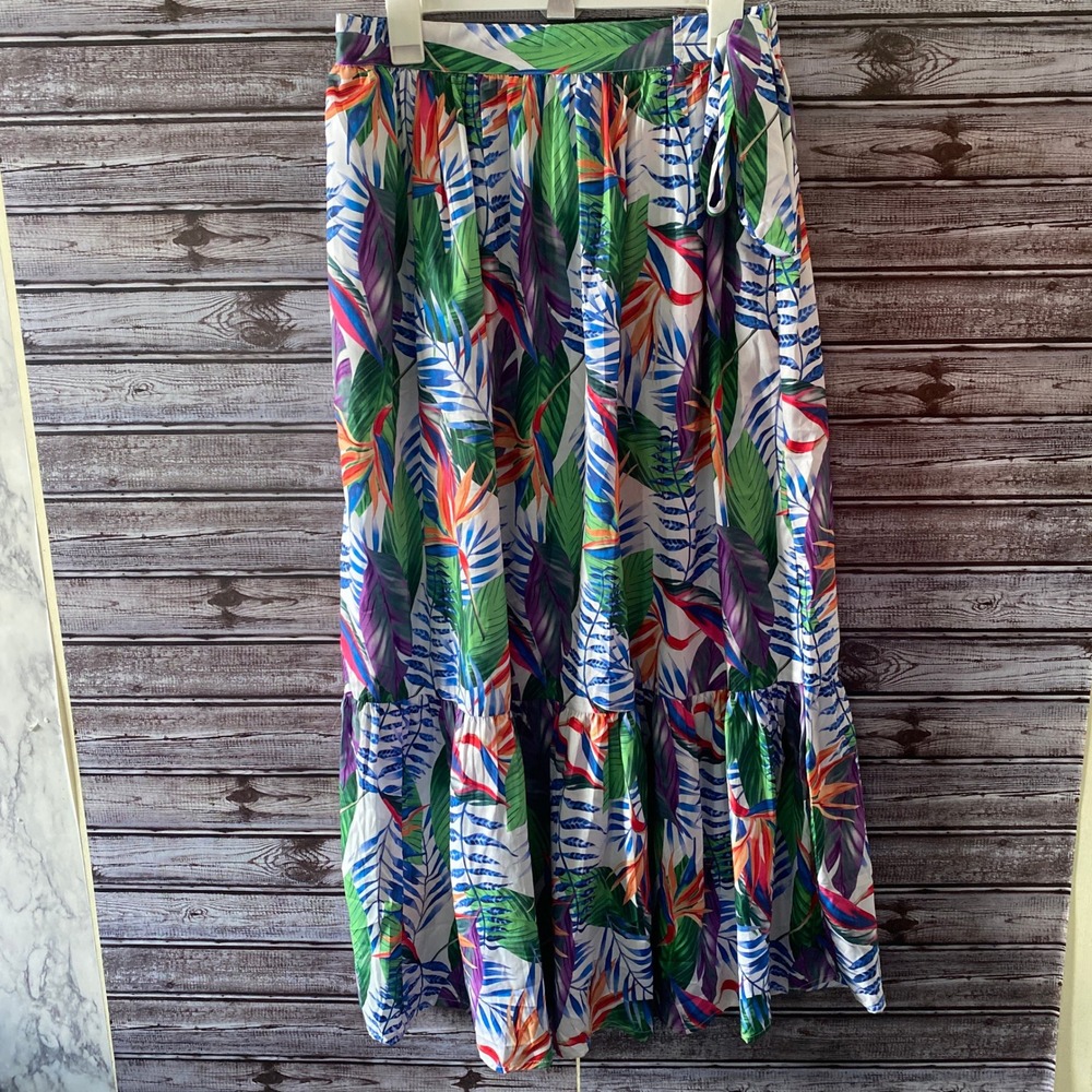 Rachel‎ Zoe Women's Midi Skirt Size M White Tropical Pockets Tie